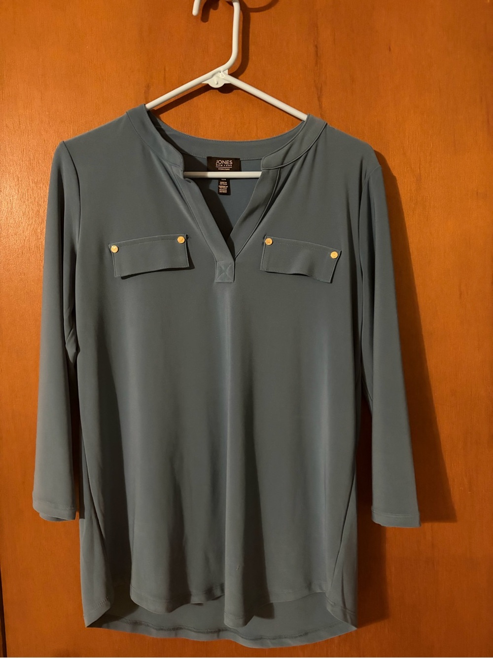 Jones New York Slate Blue Long Sleeve Tunic with Gold Buttons